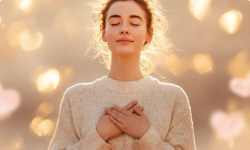 Femme qui appuie sur sa poitrine en souriant